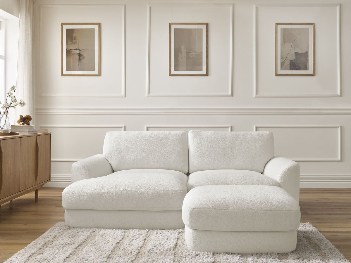 Bobochic Leonore Ecksofa mit Pouf Bouclé-Stoff Weiß Ecke links