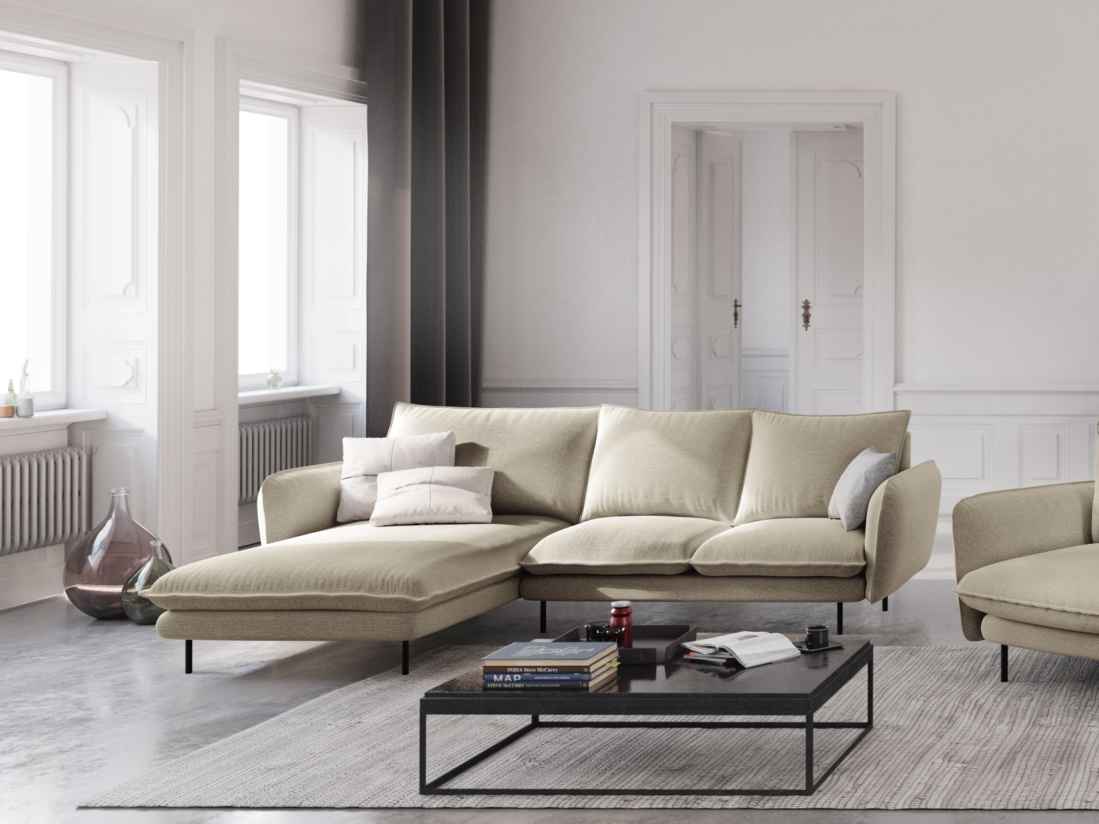 Cosmopolitan Design Ecksofa Vienna 5-Sitzer Strukturierter Stoff Positano Beige Links Beine Schwarzes Metall