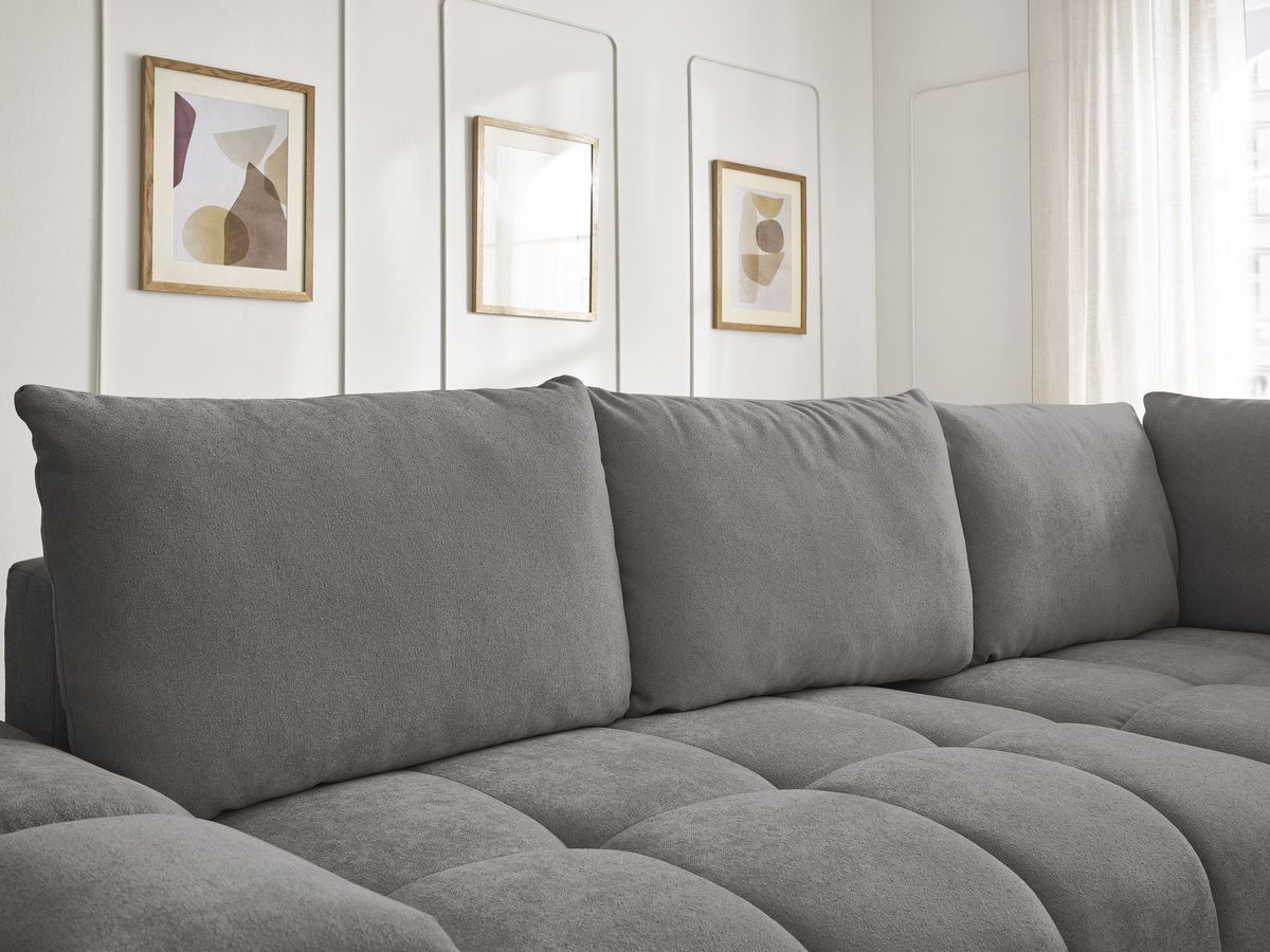 Bobochic Everest Ecksofa mit Schlaffunktion und Bettkasten 320 × 212 cm, 5 Kissen Strukturstoff Dunkelgrau Ecke rechts