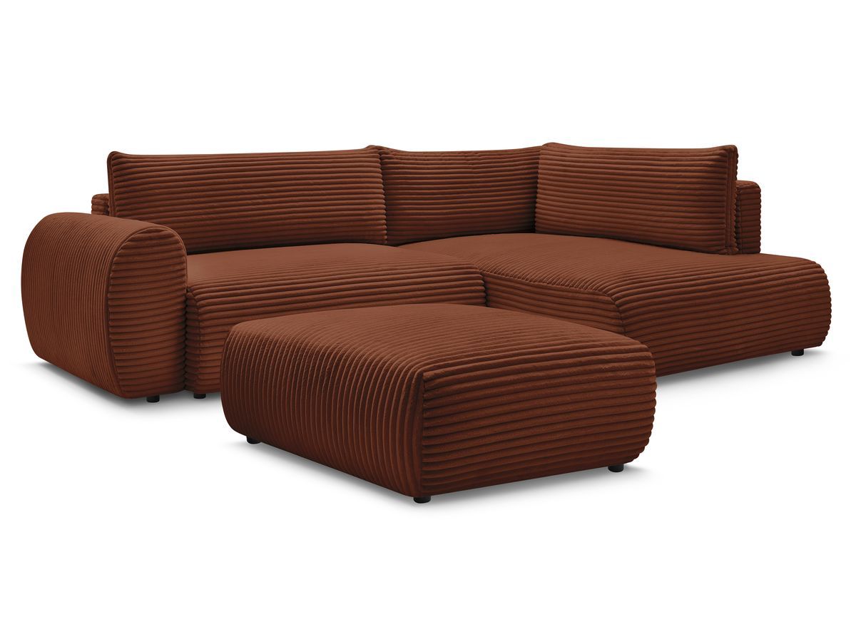 Bobochic Lucien Ecksofa mit Schlaffunktion und Bettkasten und Pouf 296 × 198 cm Breitcord weich Orange Ecke rechts