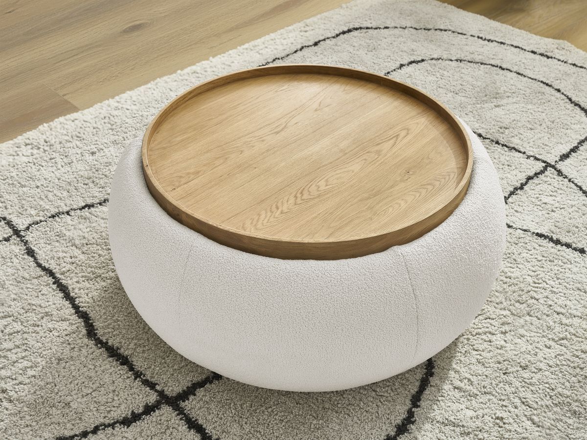 Bobochic Hayden Pouf mit Tablett, rund Bouclé-Stoff Weiß, 87 cm