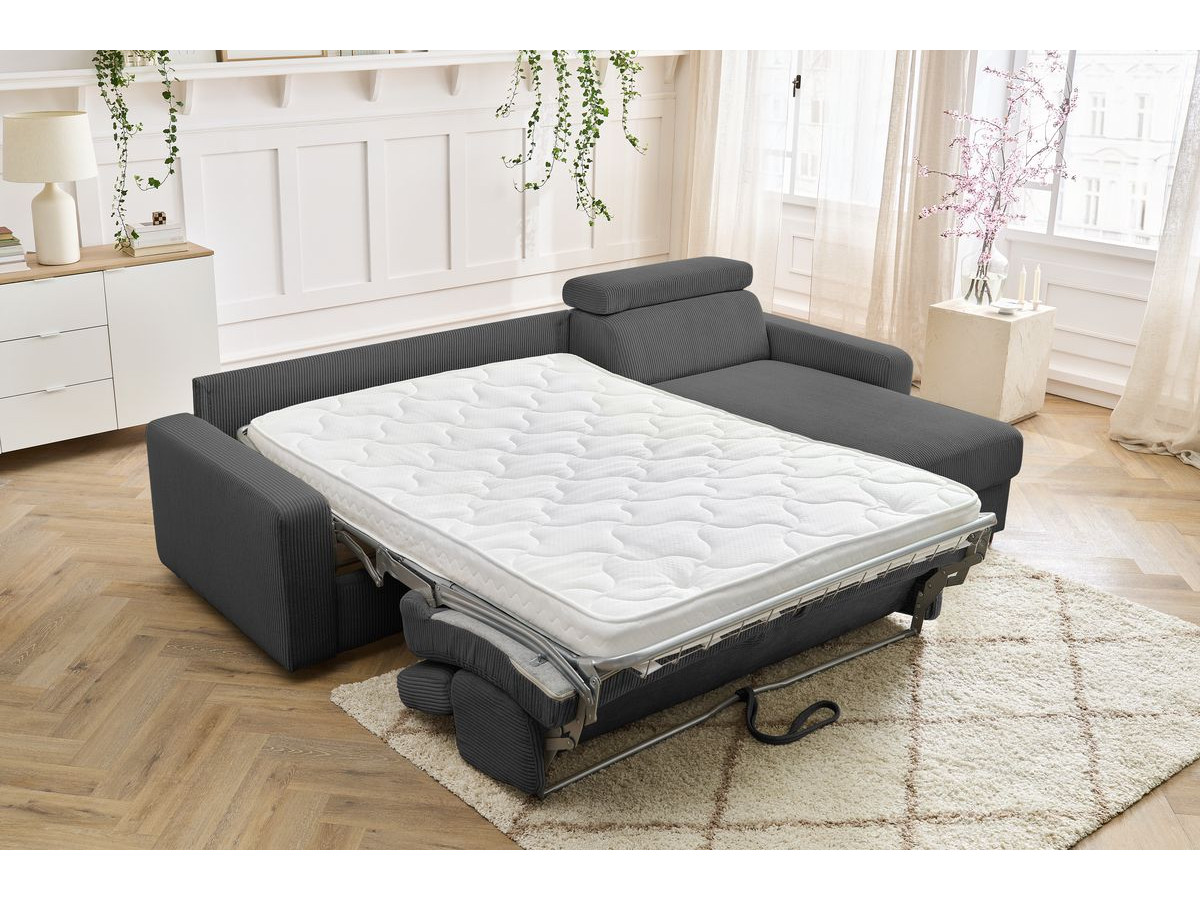 Bobochic Monaco Ecksofa mit Schlaffunktion und Bettkasten Cordsamt Dunkelgrau, Liegefläche 140 × 190 cm