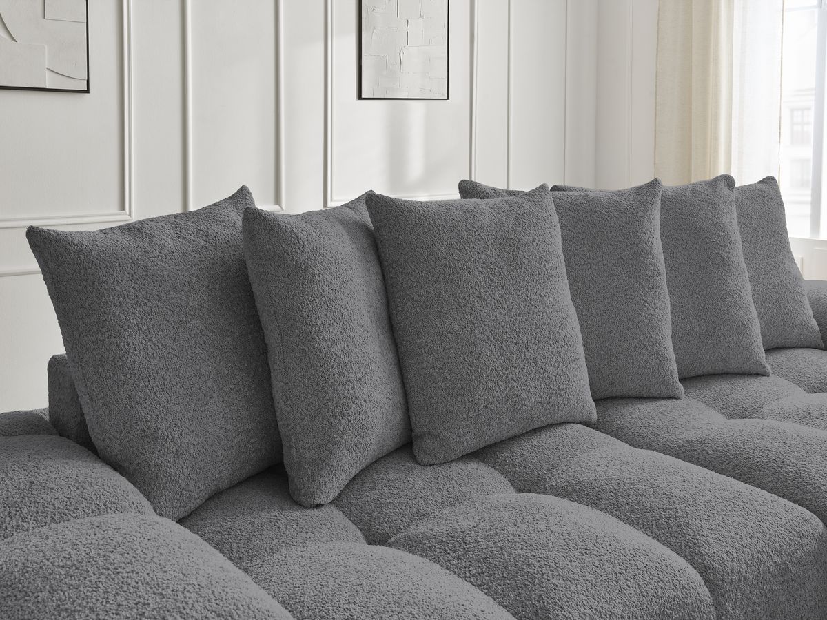 Bobochic Anakin Schlafsofa 3-Sitzer mit Bettkasten, 6 Kissen Bouclé-Stoff Dunkelgrau