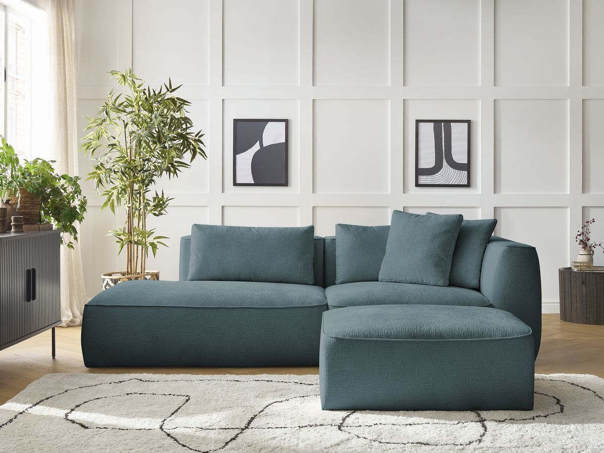 Bobochic Leopold Sofa 4-Sitzer mit Pouf Strukturstoff Dunkelblau Armlehne rechts