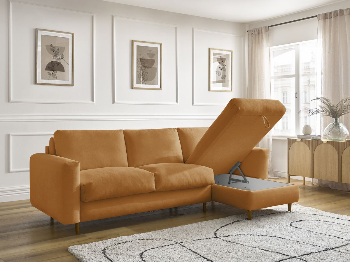 Bobochic Cocoone Ecksofa mit Schlaffunktion und Bettkasten Stoff Gelb, Liegefläche 160 × 200 cm