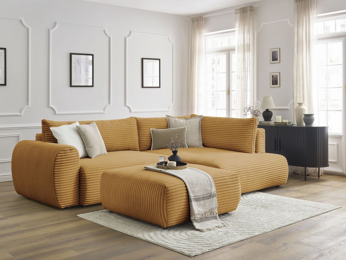Bobochic Lucien Ecksofa mit Schlaffunktion und Bettkasten und Pouf 296 × 198 cm Breitcord weich Gelb Ecke rechts