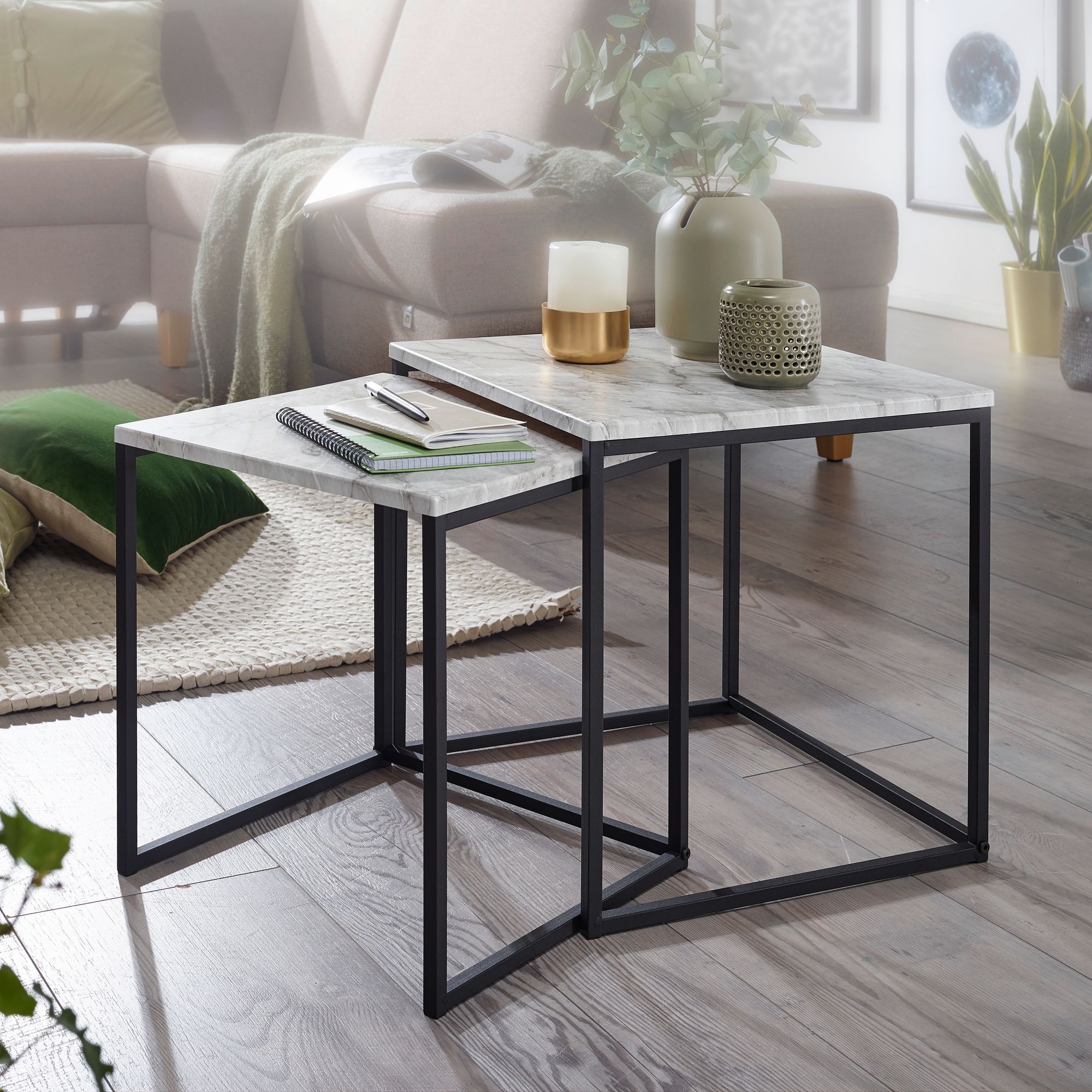 Satztisch 2er-Set Skodje Marmoroptik Weiß 40 × 40 × 42,5 cm