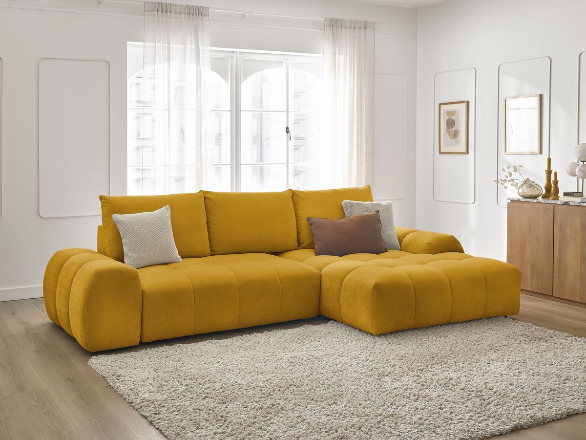 Bobochic Everest Ecksofa mit Schlaffunktion und Bettkasten 318 × 180 cm, 3 Kissen Strukturstoff Gelb Ecke rechts