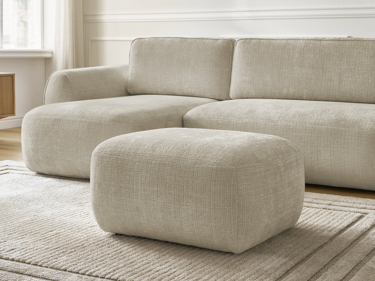 Bobochic Denise Ecksofa mit Schlaffunktion und Bettkasten und Pouf 258 × 160 cm Strukturstoff Beige Ecke links