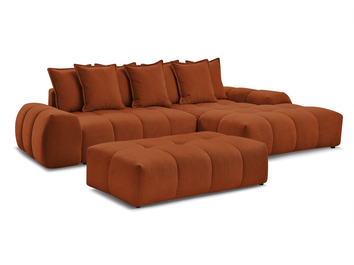 Bobochic Everest Ecksofa mit Schlaffunktion und Bettkasten und Pouf 318 × 180 cm, 7 Kissen Strukturstoff Orange Ecke rechts