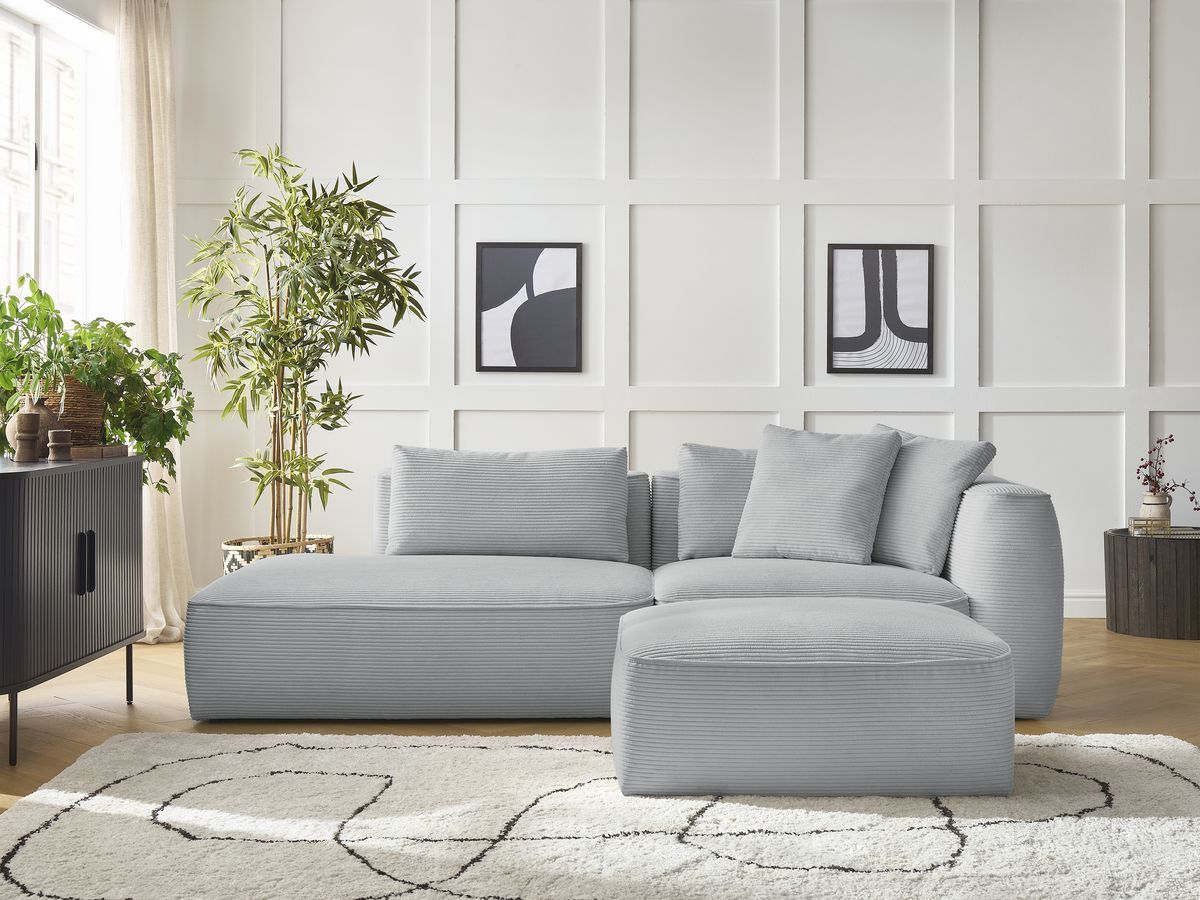 Bobochic Leopold Sofa 4-Sitzer mit Pouf Cordsamt Hellgrau Armlehne rechts