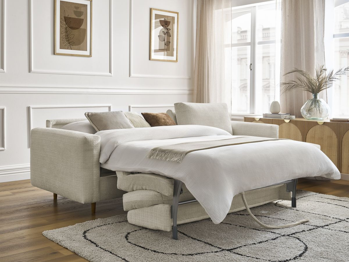 Bobochic Cocoone Ecksofa mit Schlaffunktion und Bettkasten Strukturstoff Beige, Liegefläche 160 × 200 cm