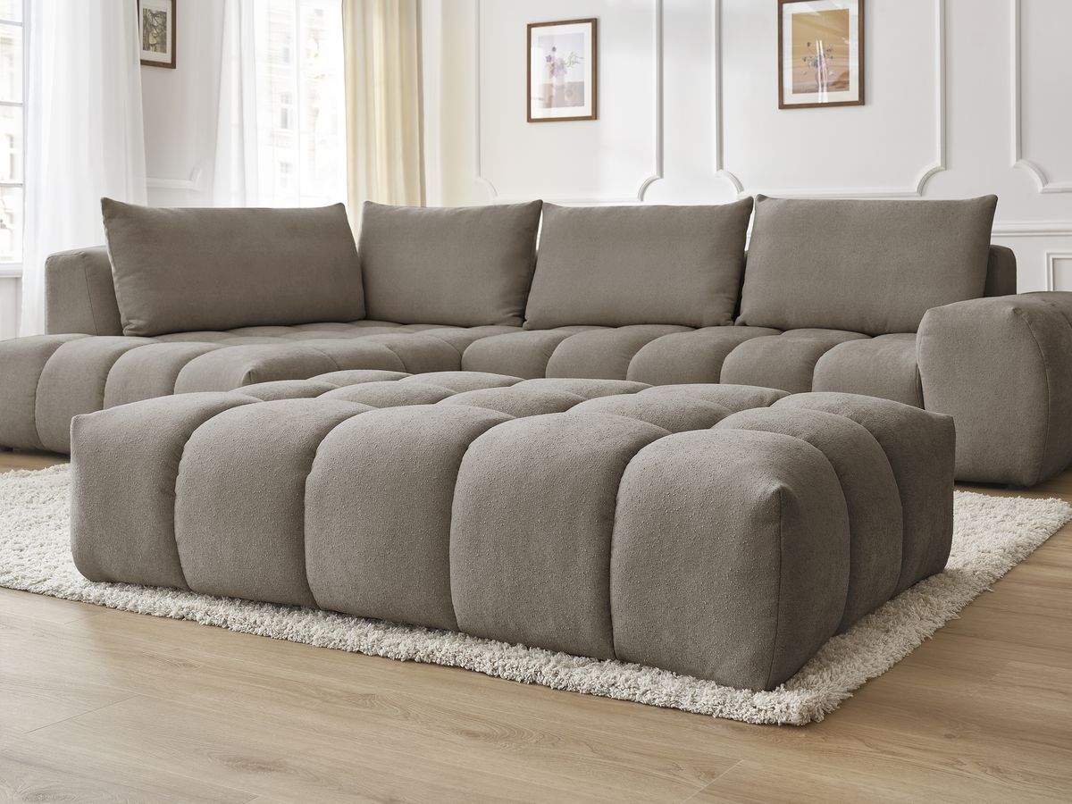 Bobochic Everest Ecksofa mit Schlaffunktion und Pouf, 4 Kissen Strukturstoff Taupe Ecke links