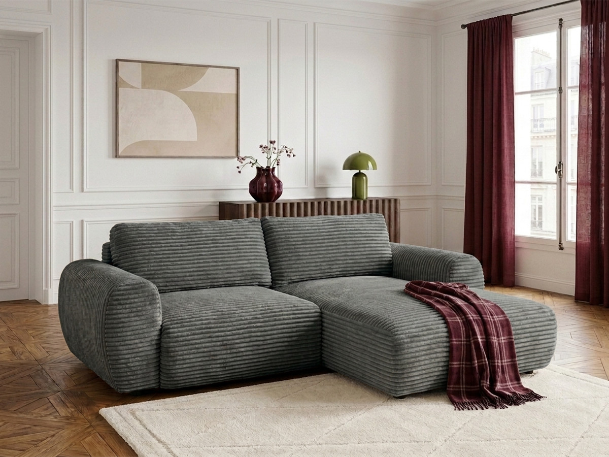 Bobochic Lucien Ecksofa mit Schlaffunktion und Bettkasten Breitcord weich Dunkelgrau Ecke rechts
