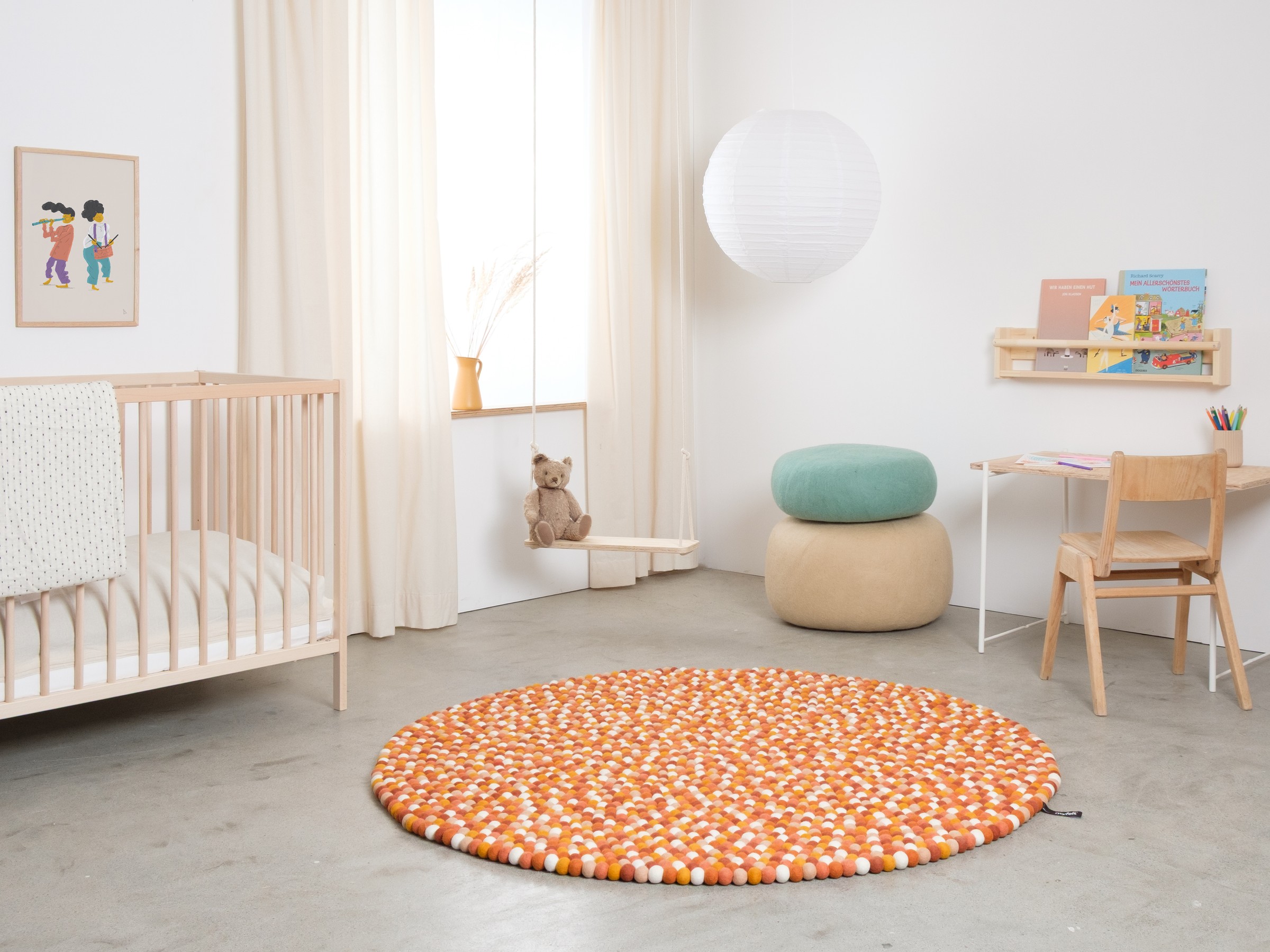 myfelt Juna Filzkugelteppich Rot-Orange-Weiß rund Ø 50 cm