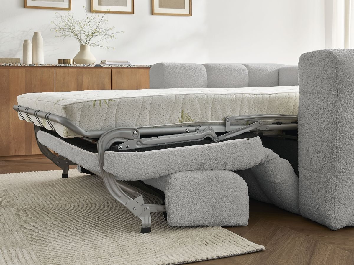 Bobochic Cloud Schlafsofa 3-Sitzer Bouclé-Stoff Hellgrau