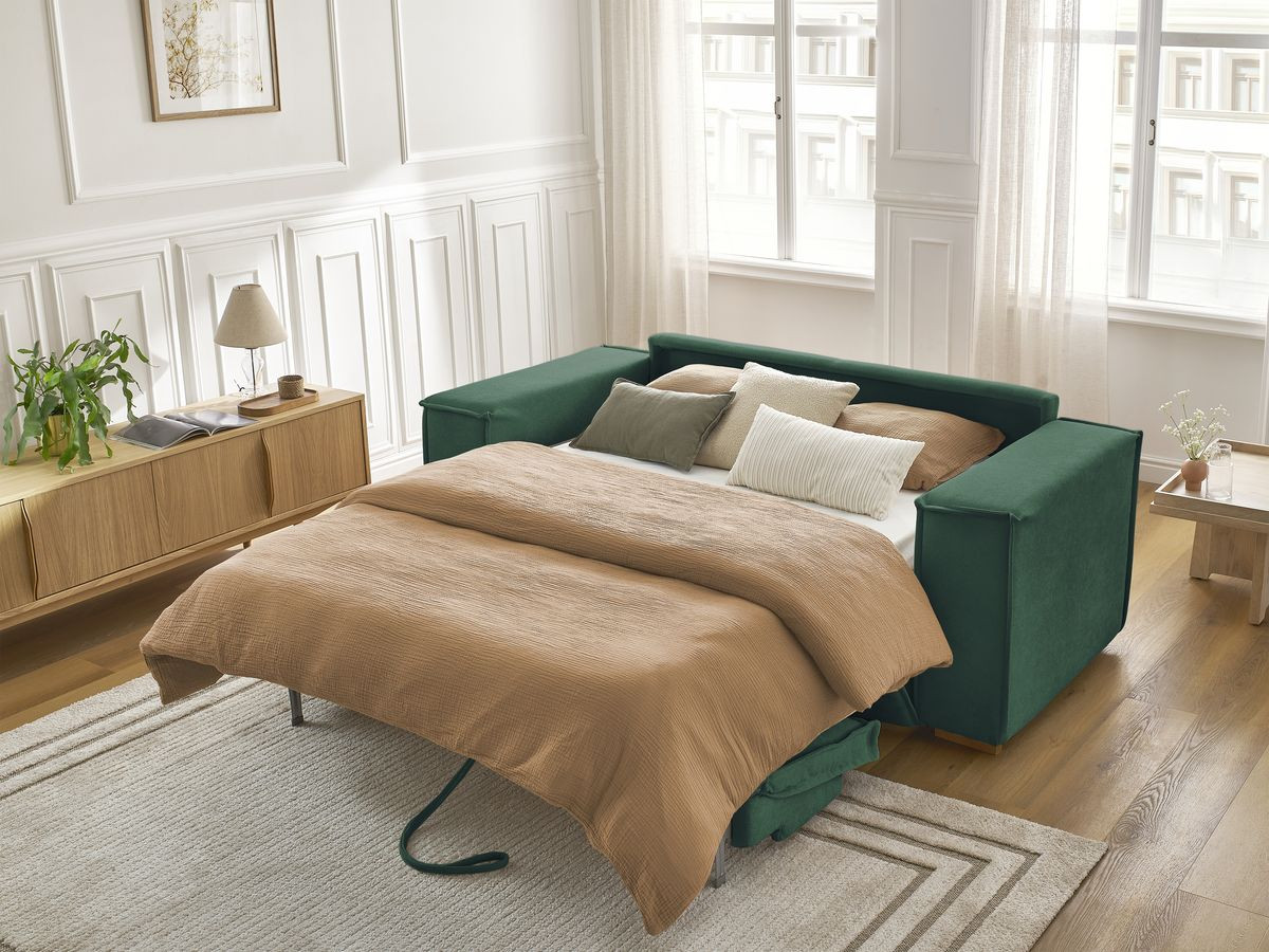Bobochic Chelsea Schlafsofa 3-Sitzer Strukturstoff Grün, Liegefläche 140 × 200 cm
