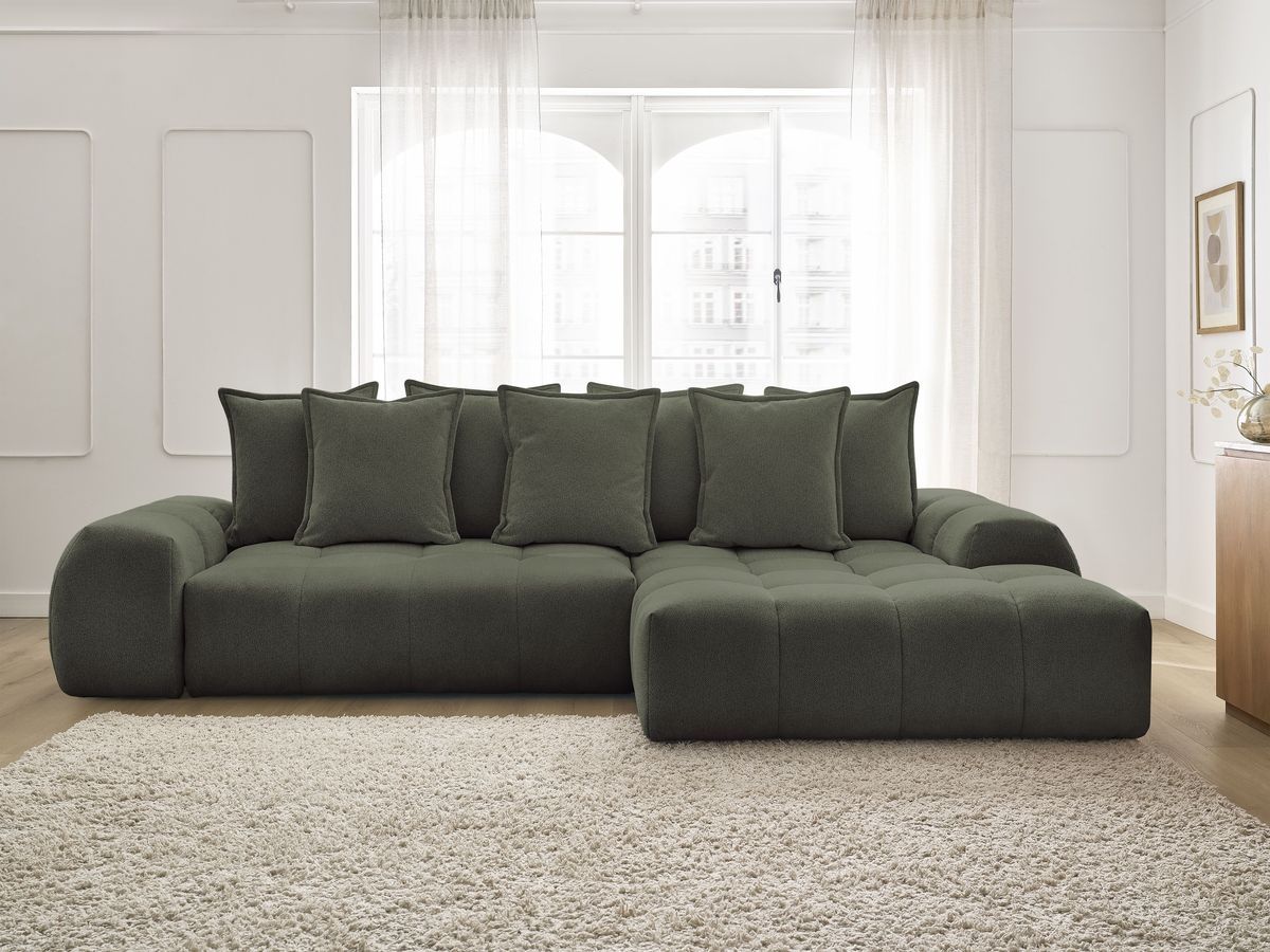 Bobochic Everest Ecksofa mit Schlaffunktion und Bettkasten 318 × 180 cm, 7 Kissen Melange-Stoff Grün Ecke rechts