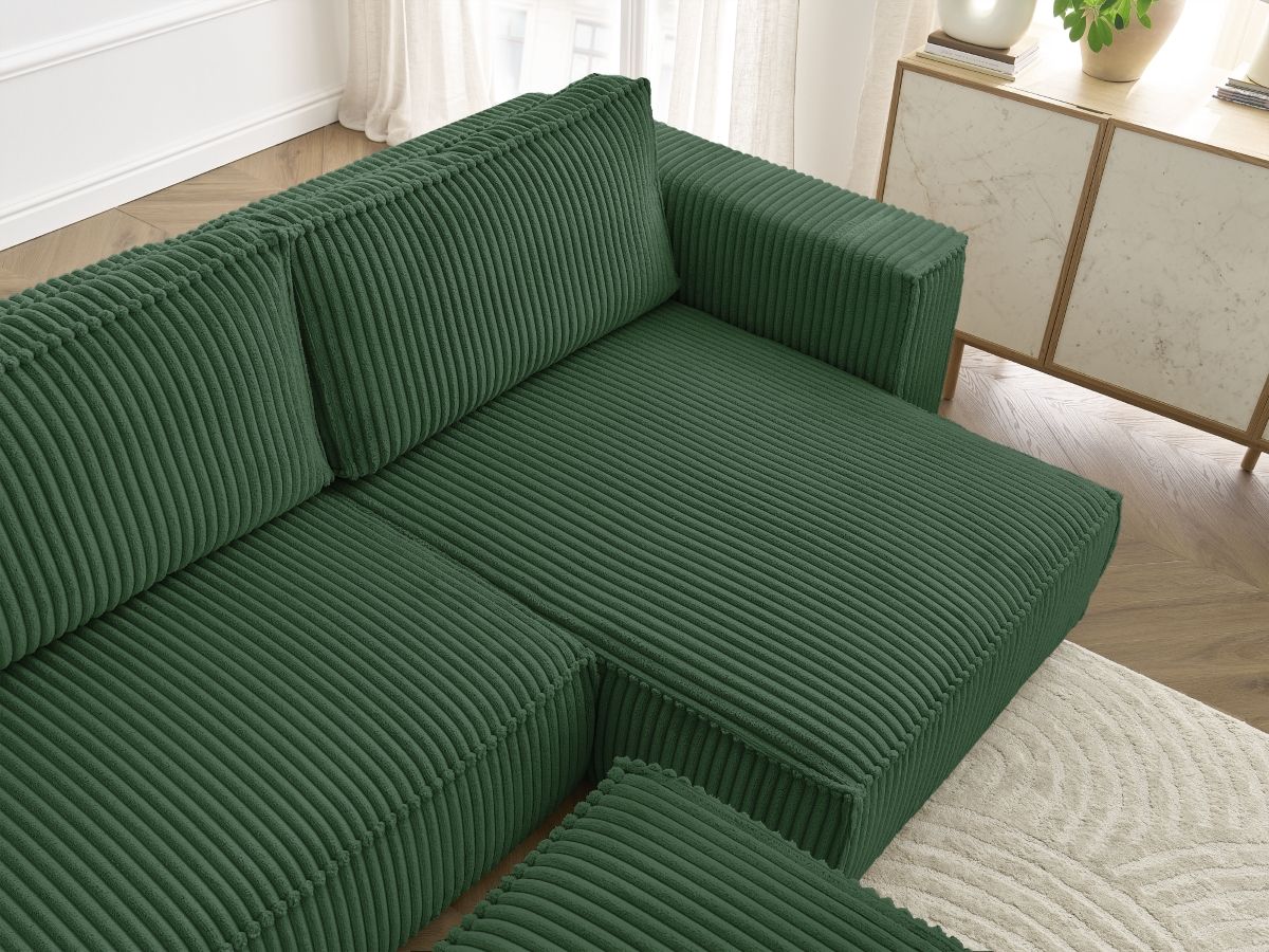 Bobochic Chelsea Ecksofa mit Schlaffunktion und Bettkasten und Pouf Breitcord weich Grün