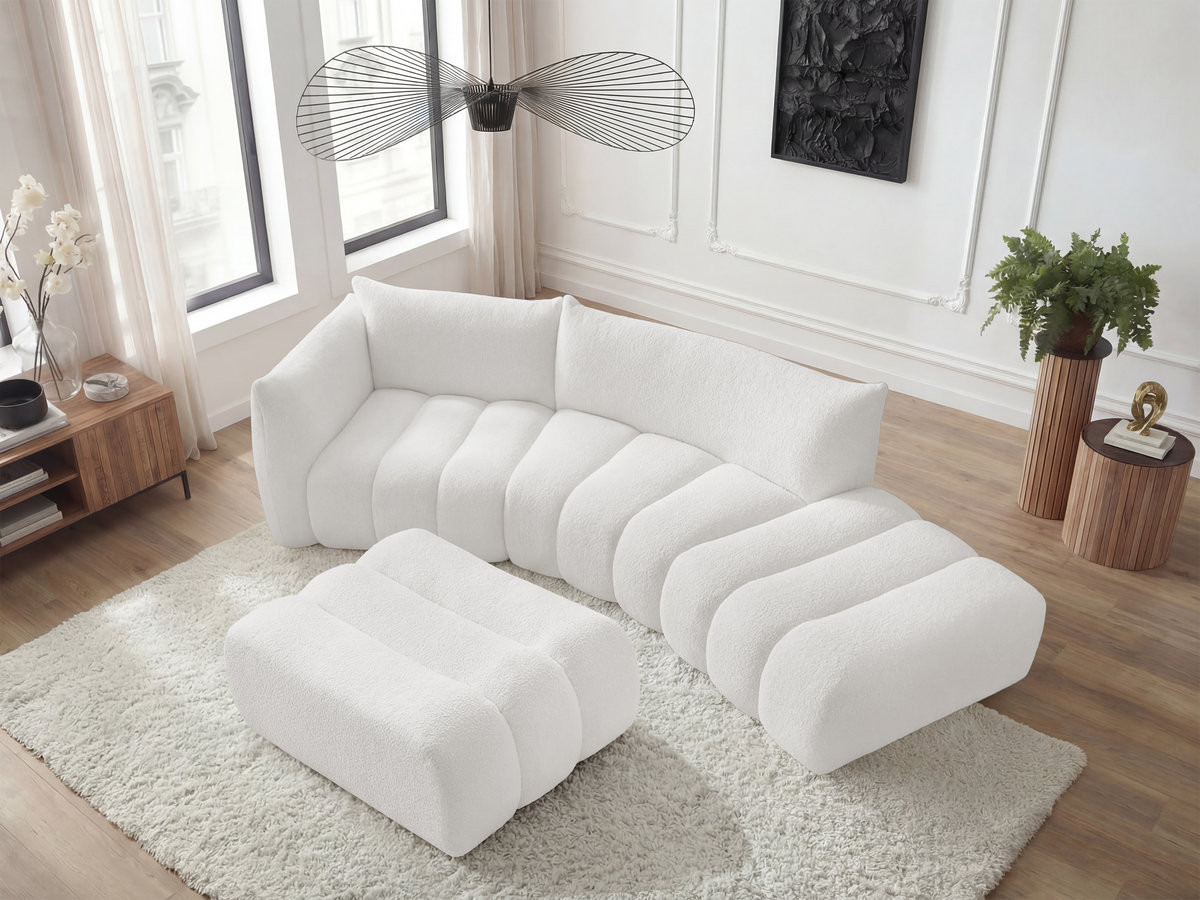 Bobochic Azra Ecksofa mit Pouf 325 × 112 cm Bouclé-Stoff Weiß Ecke links
