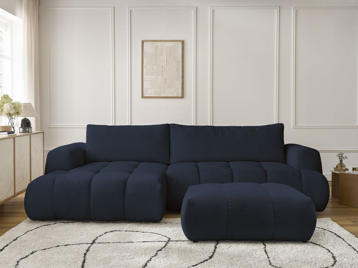 Bobochic Fuji Ecksofa mit Schlaffunktion und Bettkasten und Pouf 292 × 160 cm Bouclé-Stoff Dunkelblau Ecke links