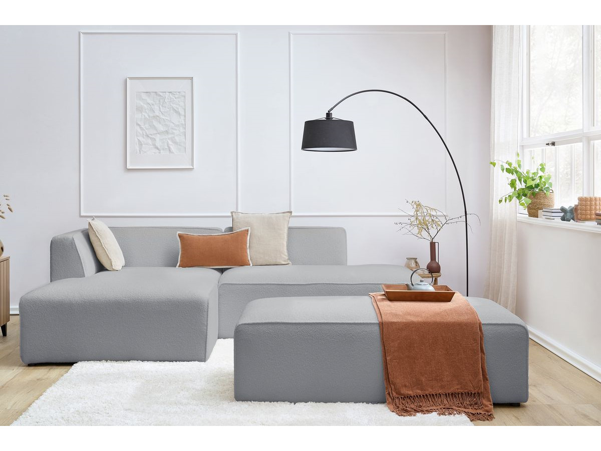 Bobochic Megeve Ecksofa mit Schlaffunktion und Pouf Bouclé-Stoff Hellgrau Ecke links