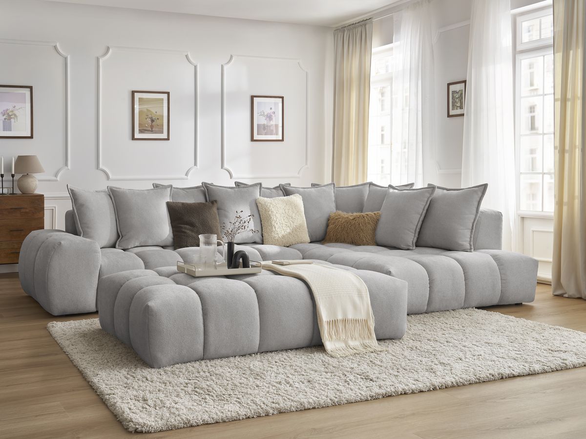 Bobochic Everest Ecksofa mit Schlaffunktion und Pouf, 10 Kissen Strukturstoff Hellgrau Ecke rechts