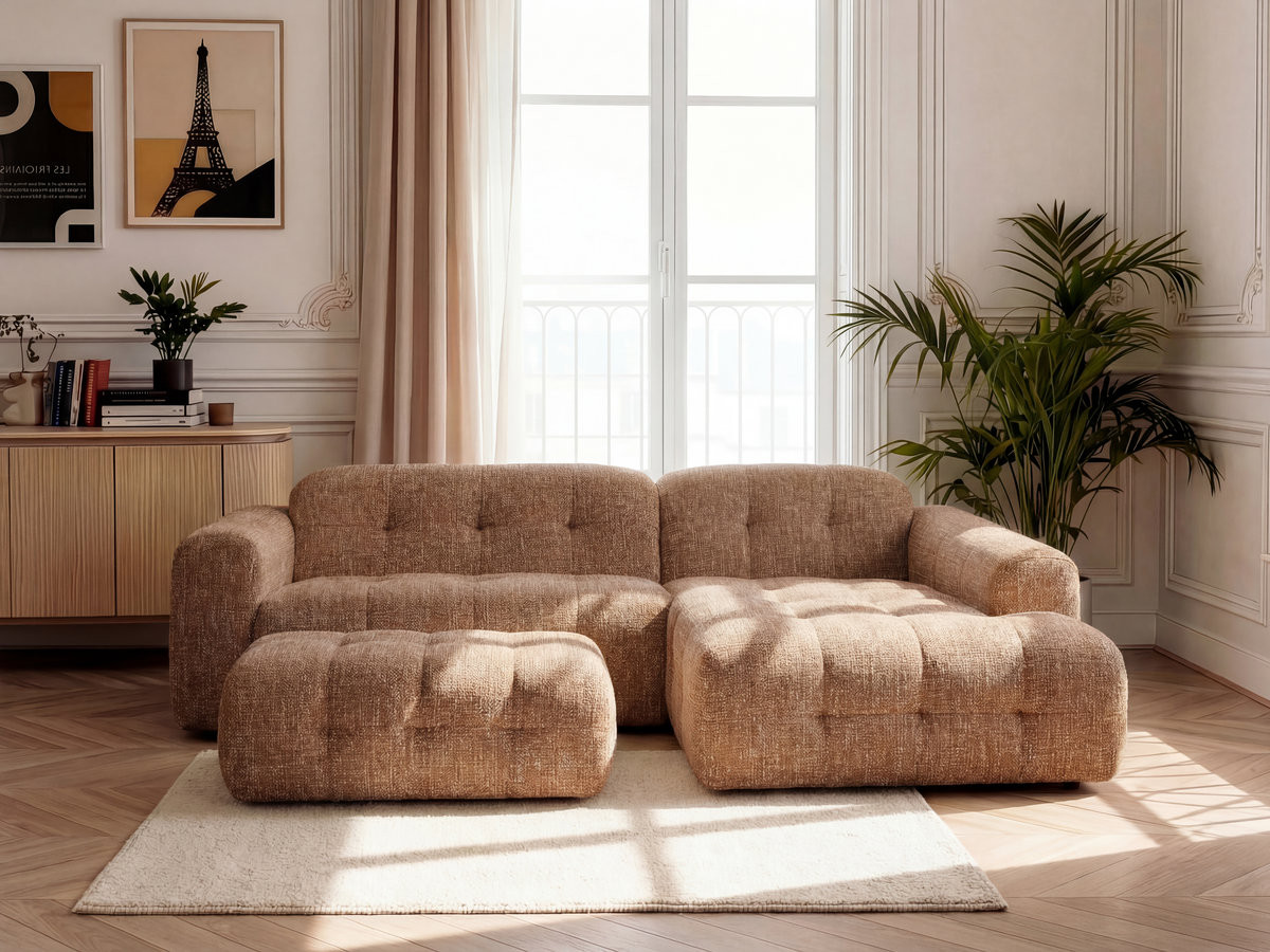 Bobochic Laura Ecksofa mit großem Pouf Melange-Stoff Orange Ecke rechts