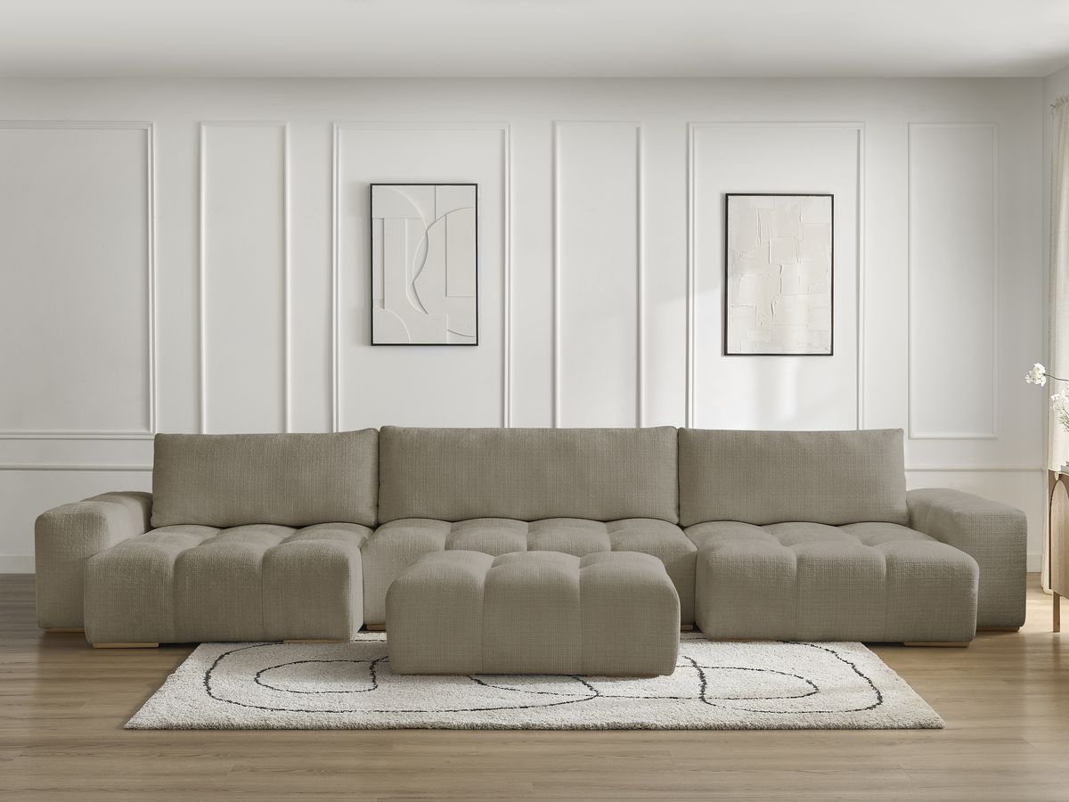 Bobochic Anakin Wohnlandschaft mit Pouf, Liegefläche 137 × 382 cm, 3 Kissen Strukturstoff Taupe