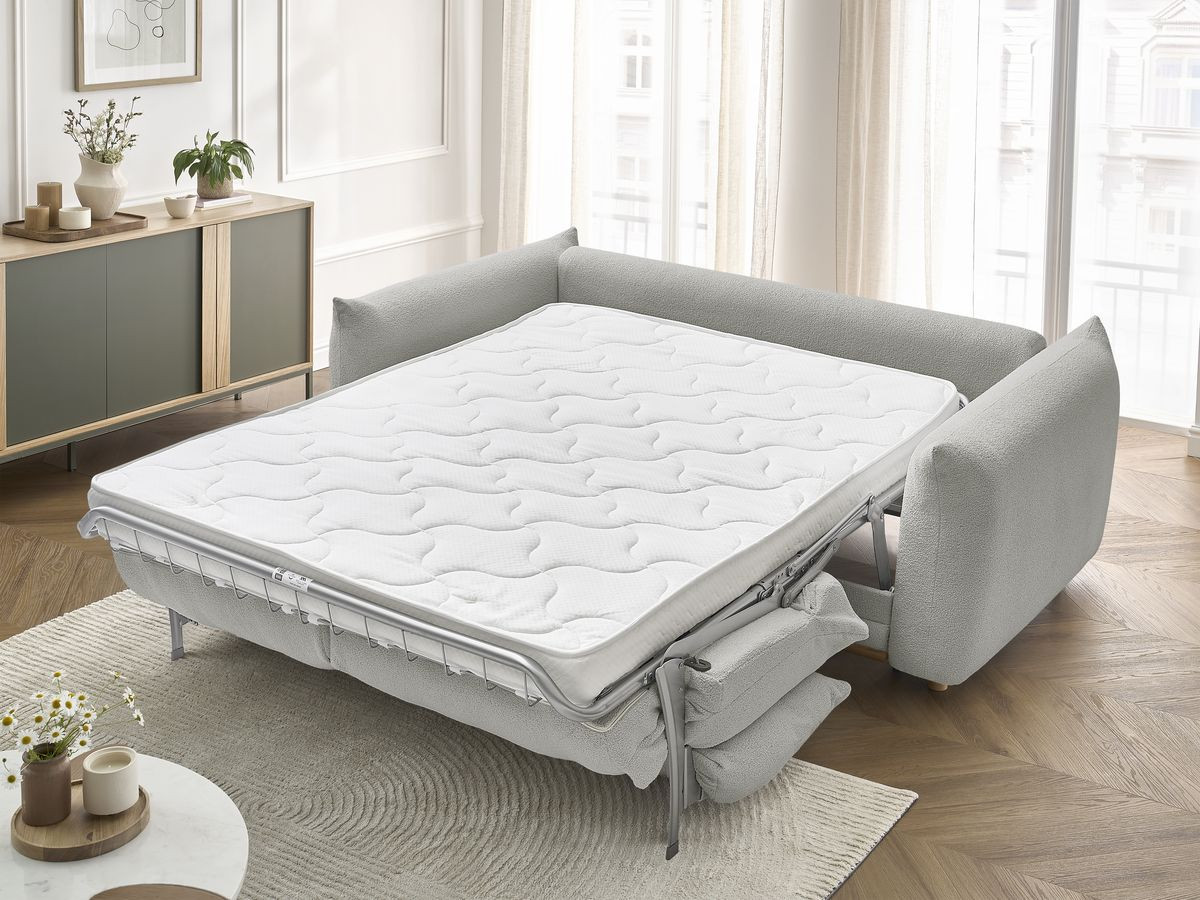 Bobochic Ernest Schlafsofa 3-Sitzer, Liegefläche 190 × 140 / 160 cm Bouclé-Stoff Hellgrau, Liegefläche 140 × 190 cm