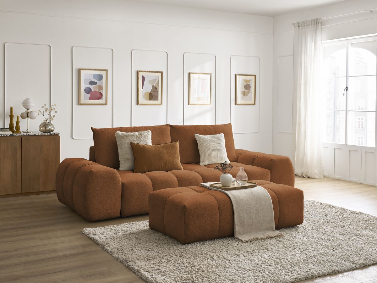 Bobochic Everest Schlafsofa 3-Sitzer mit Bettkasten und Pouf, 2 Kissen Melange-Stoff Orange