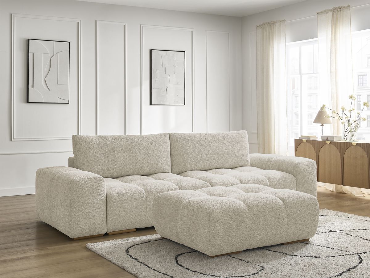 Bobochic Anakin Schlafsofa 3-Sitzer mit Bettkasten und Pouf, 2 Kissen Bouclé-Stoff Beige