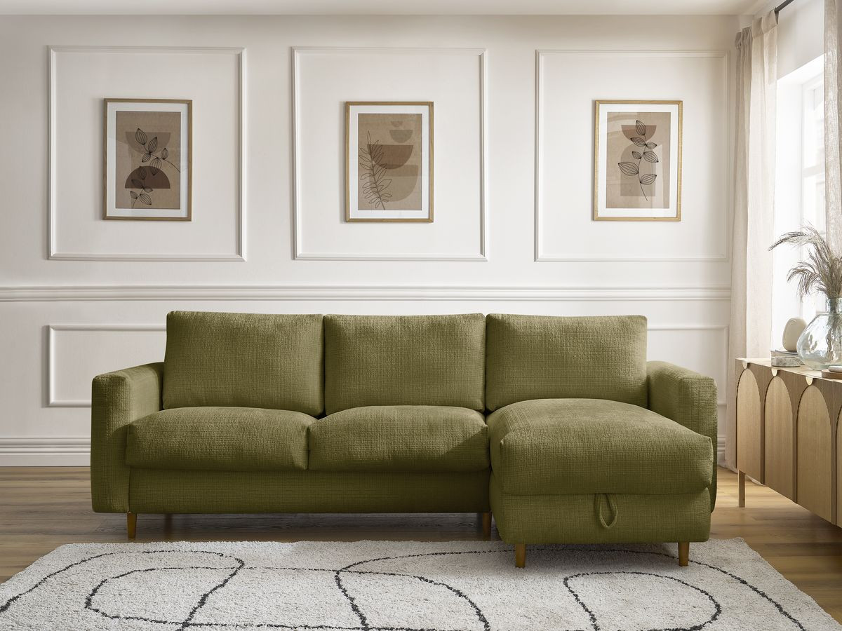 Bobochic Cocoone Ecksofa mit Schlaffunktion und Bettkasten Strukturstoff Grün, Liegefläche 140 × 200 cm