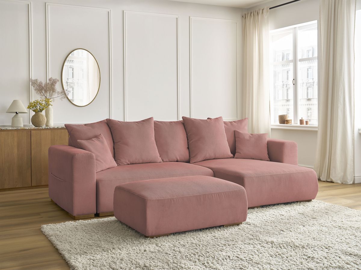 Bobochic Sidonie Ecksofa mit Schlaffunktion und Bettkasten und Pouf Cordsamt Rosa