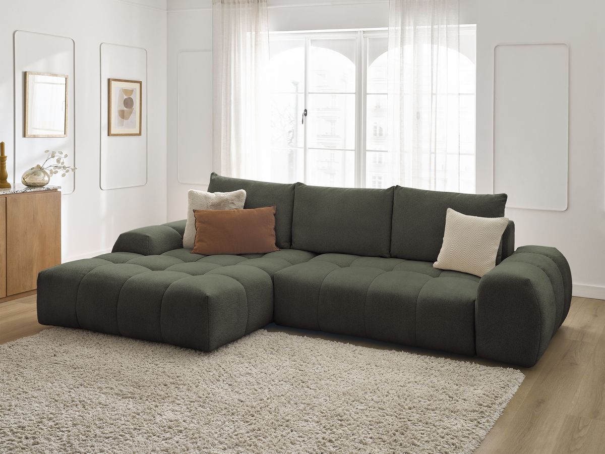 Bobochic Everest Ecksofa mit Schlaffunktion und Bettkasten 318 × 180 cm, 3 Kissen Melange-Stoff Grün Ecke links