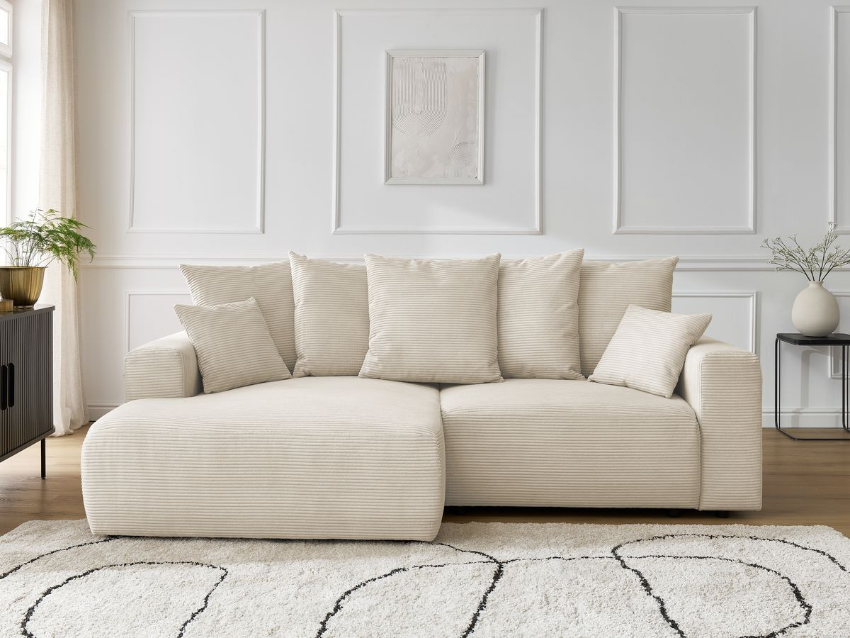 Bobochic Atilla Ecksofa mit Schlaffunktion und Bettkasten Cordsamt Beige Ecke links