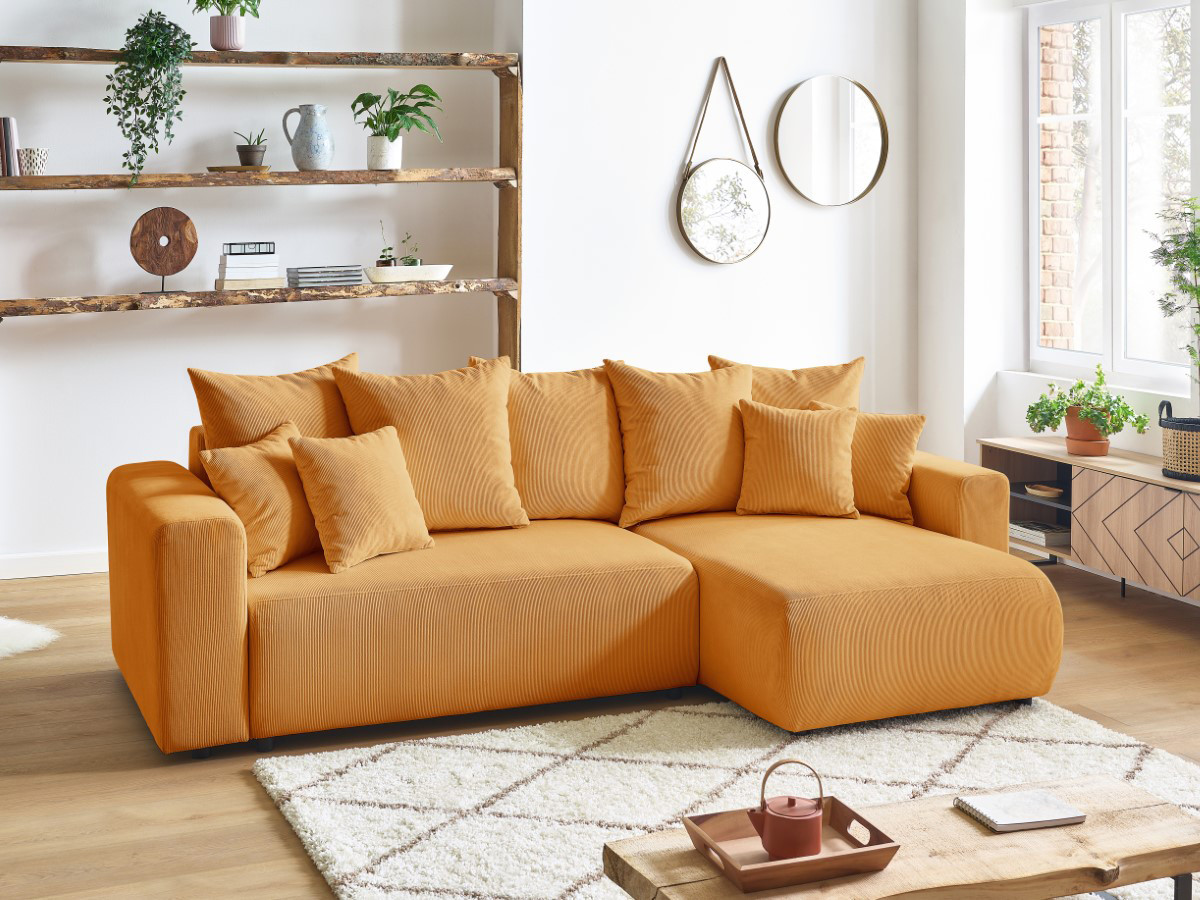 Bobochic Envy Ecksofa mit Schlaffunktion und Bettkasten Cordsamt Gelb