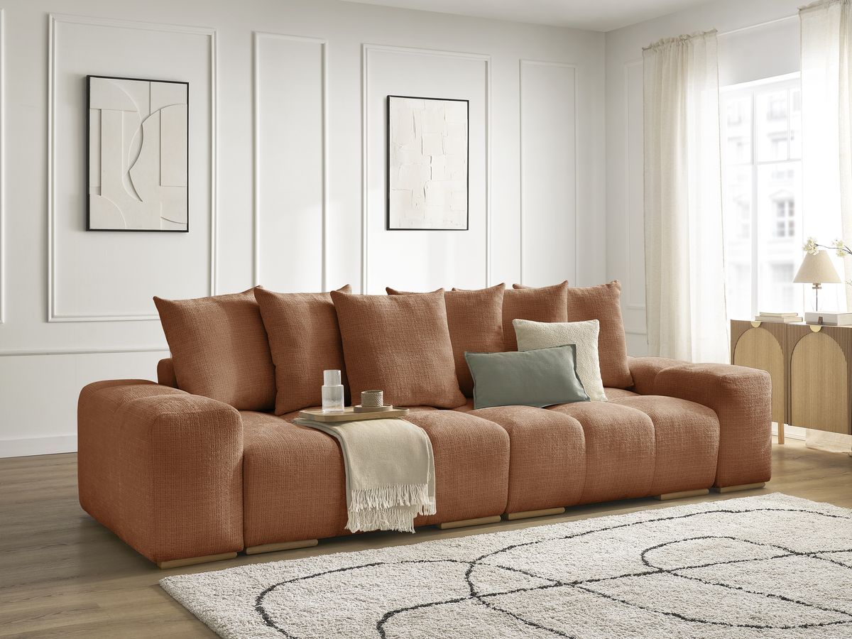 Bobochic Anakin Schlafsofa 3-Sitzer mit Bettkasten, 6 Kissen Strukturstoff Orange