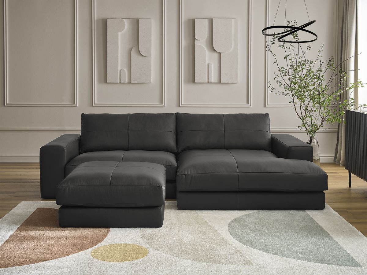 Bobochic Leonard Ecksofa mit Pouf 274 × 159 cm Leder Schwarz Ecke rechts