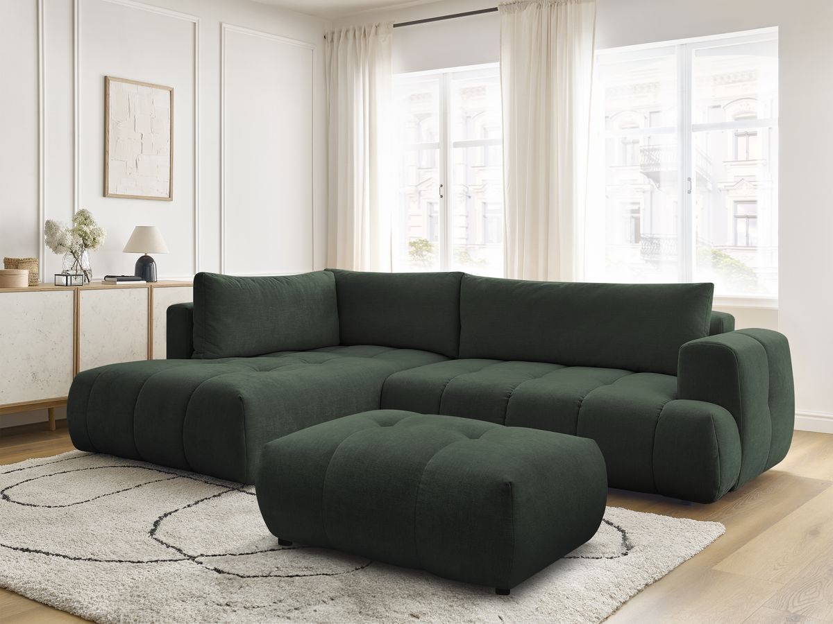 Bobochic Fuji Ecksofa mit Schlaffunktion und Bettkasten und Pouf 282 × 204 cm Stoff Grün Ecke links