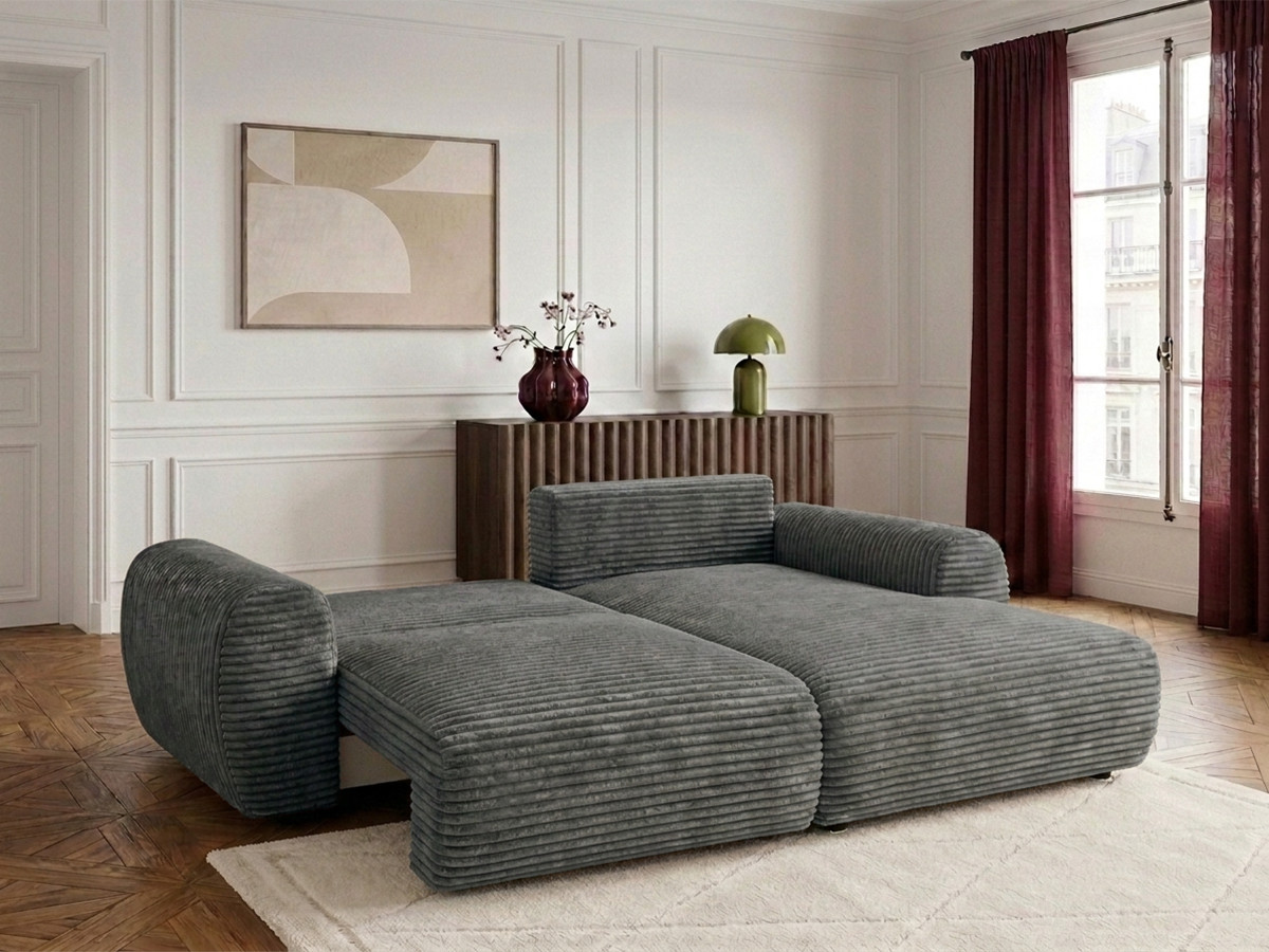 Bobochic Lucien Ecksofa mit Schlaffunktion und Bettkasten Breitcord weich Dunkelgrau Ecke rechts