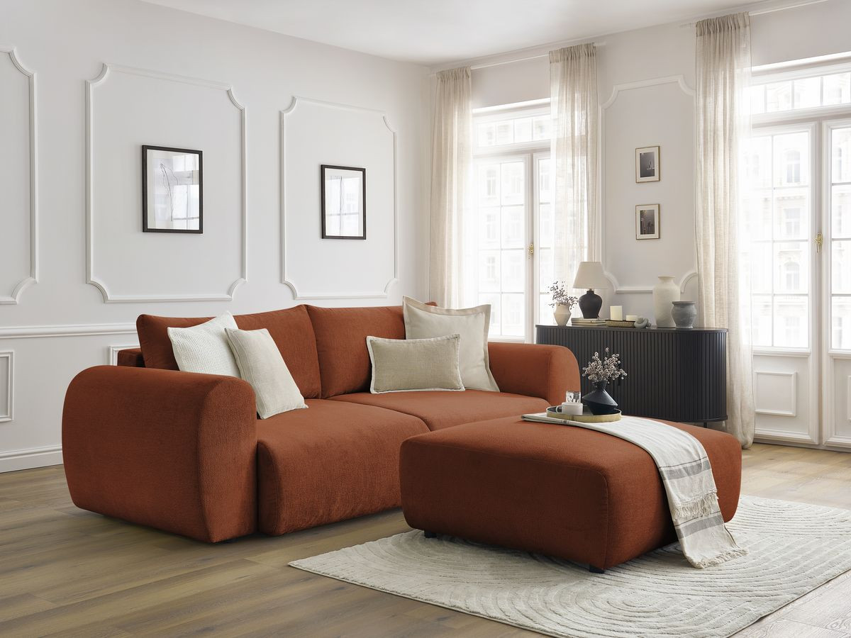 Bobochic Lucien Schlafsofa 4-Sitzer mit Bettkasten und Pouf Stoff Orange