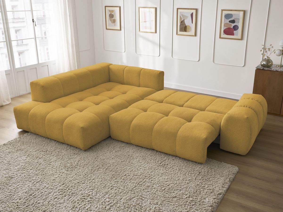 Bobochic Everest Ecksofa mit Schlaffunktion und Bettkasten 320 × 212 cm, 10 Kissen Melange-Stoff Gelb Ecke links