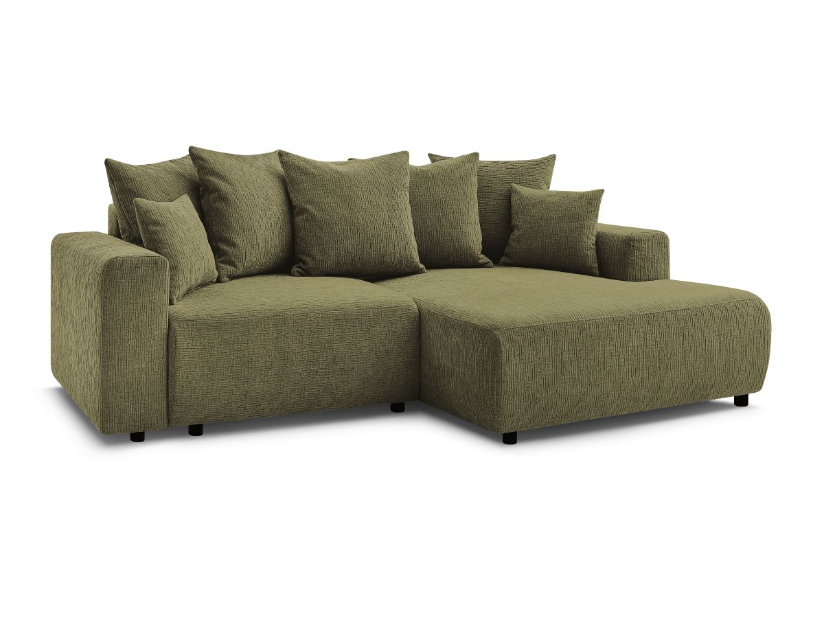 Bobochic Atilla Ecksofa mit Schlaffunktion und Bettkasten Strukturstoff Grün Ecke rechts