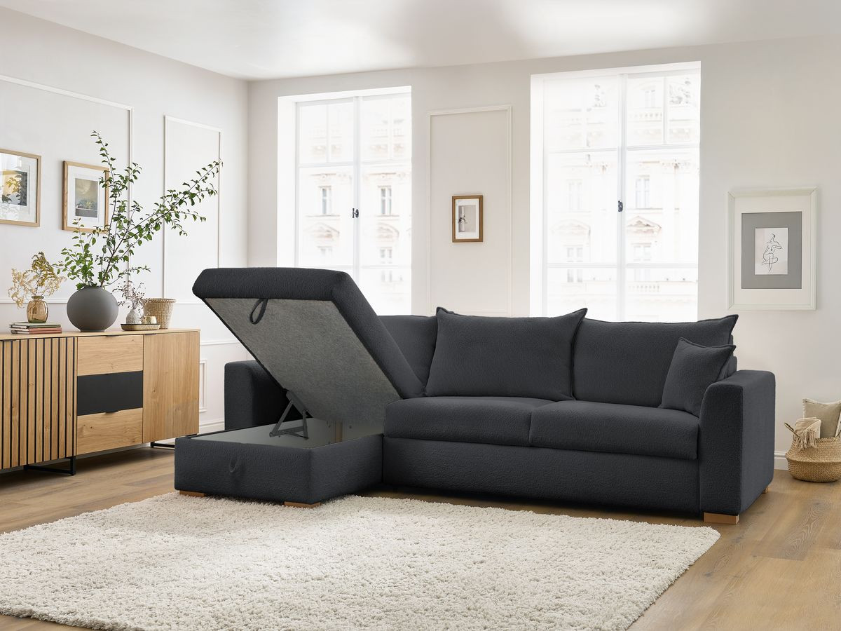 Bobochic Augustin Ecksofa mit Schlaffunktion und Bettkasten Bouclé-Stoff Dunkelgrau, Liegefläche 140 × 200 cm