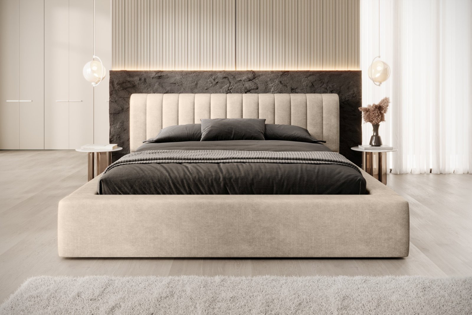 Polsterbett Faroa Samtstoff 140x200 mit Metallrahmen Macau Sand
