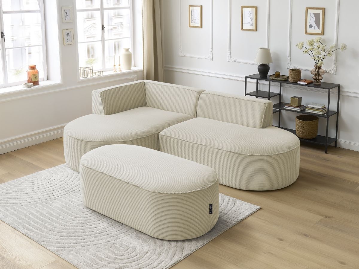 Bobochic Rousseau Ecksofa mit Pouf Cordsamt Beige Ecke links