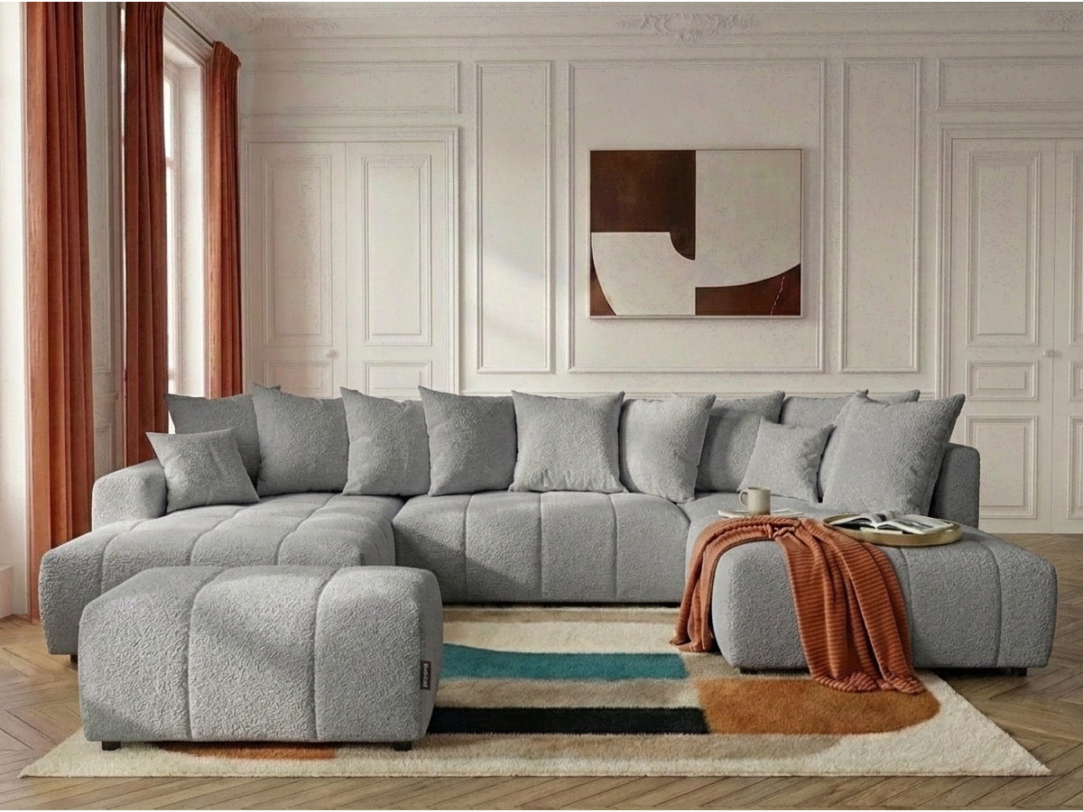 Bobochic Roxelane Wohnlandschaft mit Pouf Bouclé-Stoff Hellgrau Ecke links