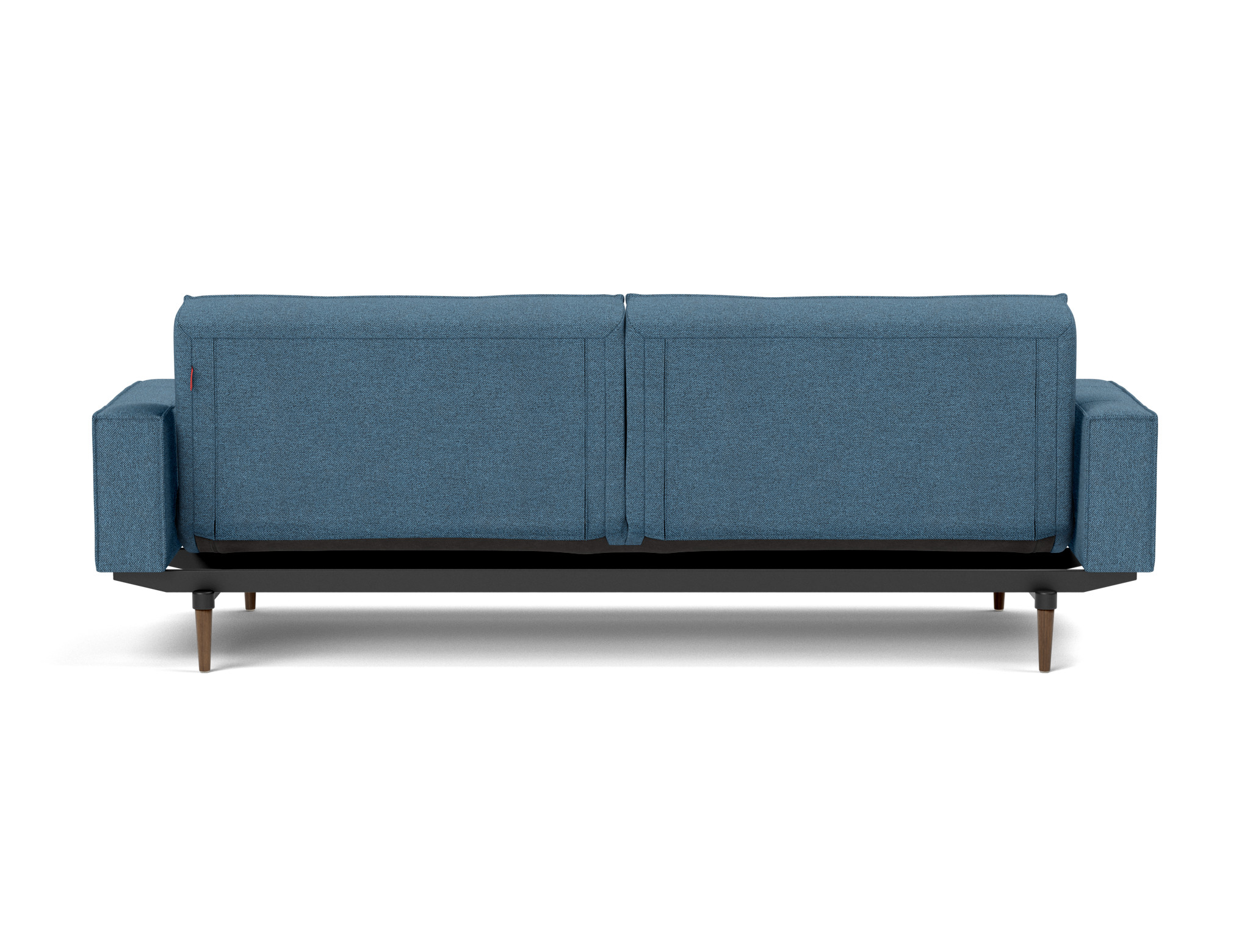 Schlafsofa Splitback mit Armlehnen Strukturierter Stoff Weda 302-Weda-Blue Beine Styletto Eiche dunkel