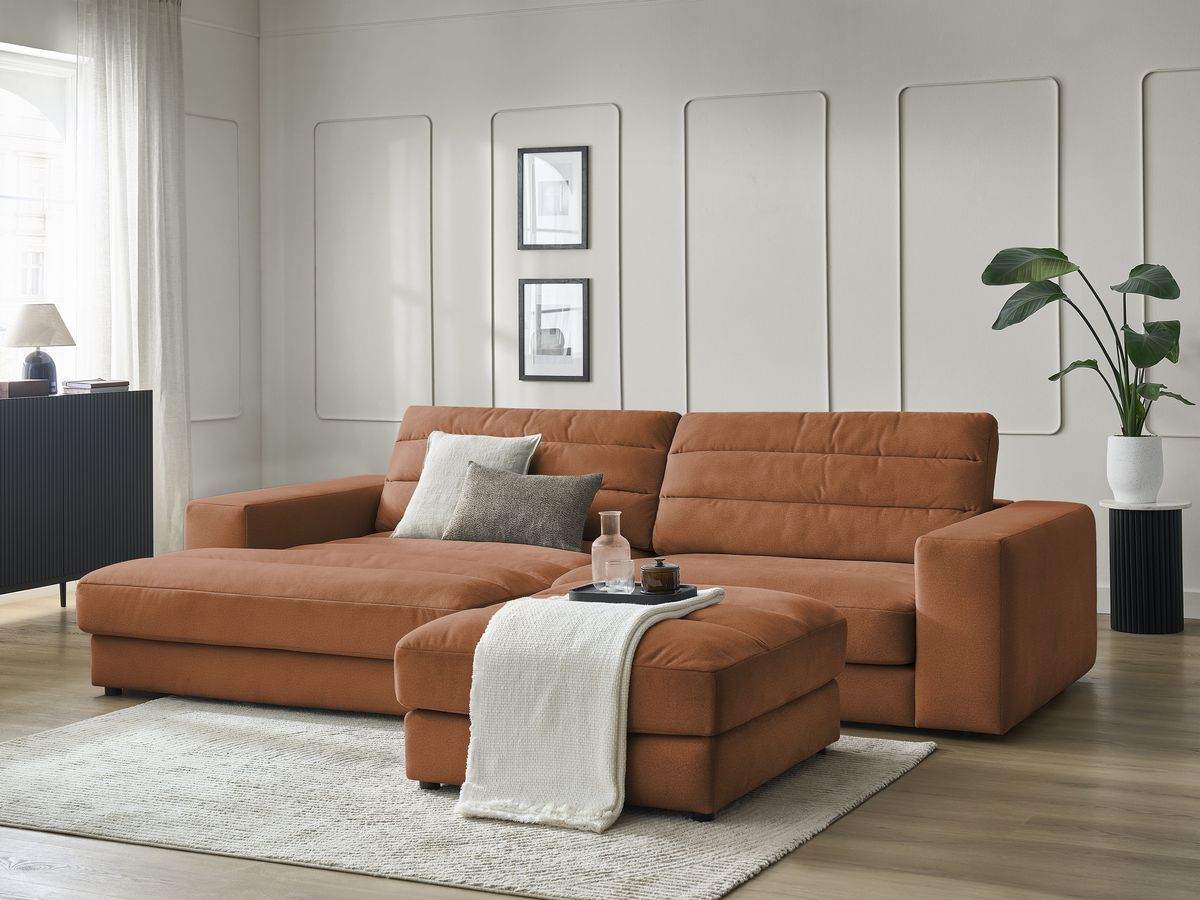 Bobochic Sierra Ecksofa mit Pouf Samt Orange Ecke links